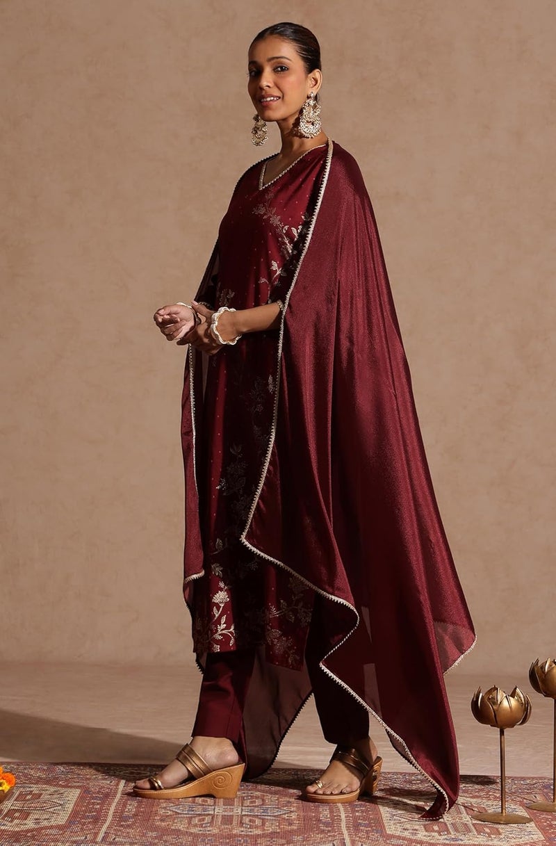 Janasya Women Kurta Pant With Dupatta Set in Maroon - Image 5
